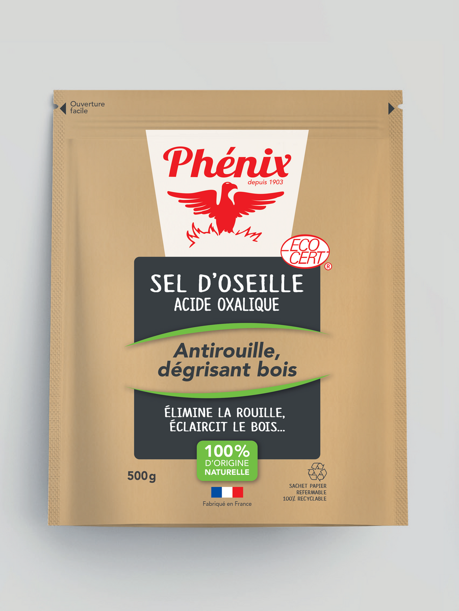 Sel d'oseille en sachet de 500 grammes.  Antirouille, dégrisant bois.   Elimine la rouille et éclaircis le bois.